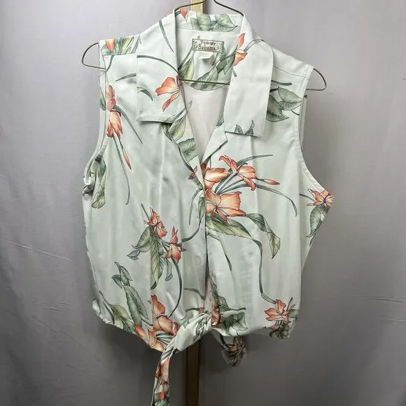 Tommy Bahama Size L UK 12/14 Pure Silk Summer Blouse Tie Front Crop Top Tropical - Picture 2 of 7